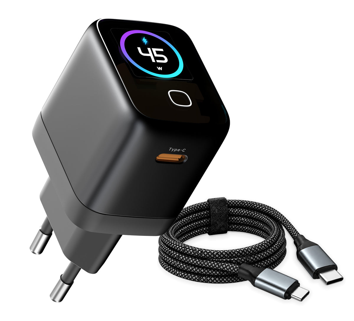 Smart Fast Charger 45W GaN with AI Temperature Control & Color Touchscreen + 1M Fast Charging Cable - Z45AI