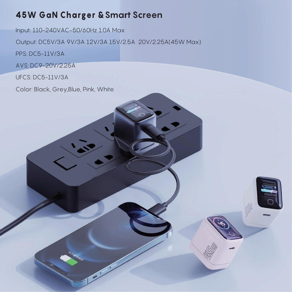 Smart Fast Charger 45W GaN with AI Temperature Control & Color Touchscreen + 1M Fast Charging Cable - Z45AI