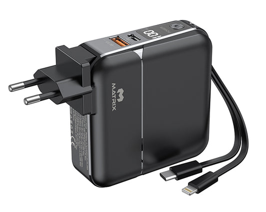 15000 mAh Power Bank with Built-in Cables, Digital Display, AC Adapter & Holder - PD18