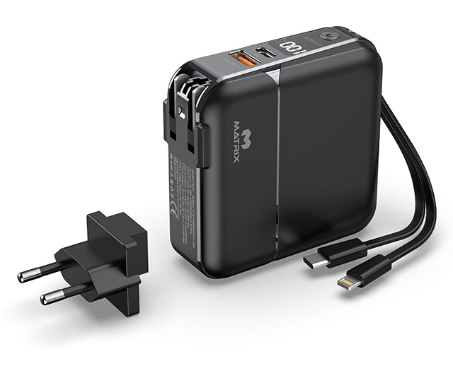 15000 mAh Power Bank with Built-in Cables, Digital Display, AC Adapter & Holder - PD18