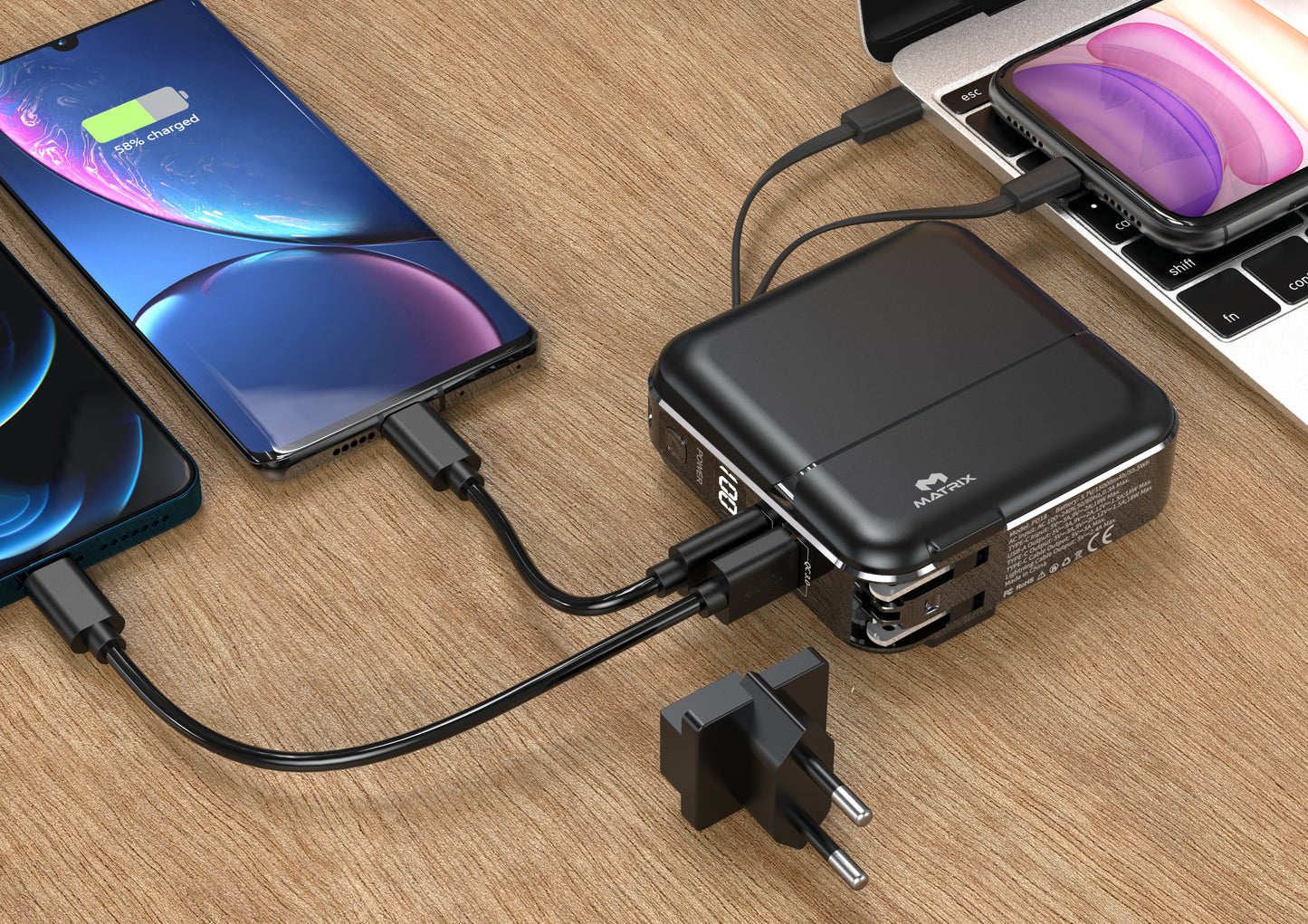 15000 mAh Power Bank with Built-in Cables, Digital Display, AC Adapter & Holder - PD18