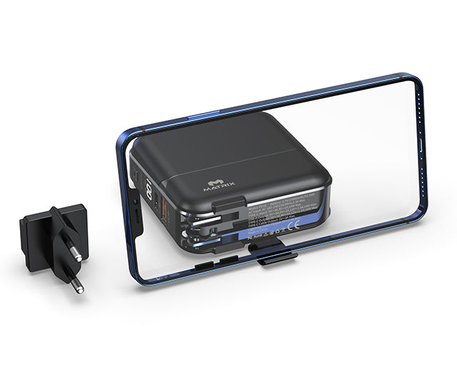 15000 mAh Power Bank with Built-in Cables, Digital Display, AC Adapter & Holder - PD18